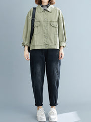 Women Lapel Solid Denim Jacket