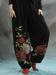 Linen Embroidered Elastic Loose Plus Size Pants