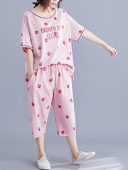 Loose Short Sleeve Printed Loungewear&Pajamas Set