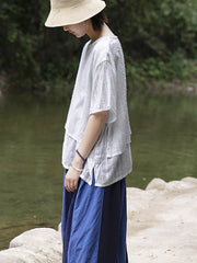 Pullover Loose Short Sleeve Round Neck Striped T-Shirt