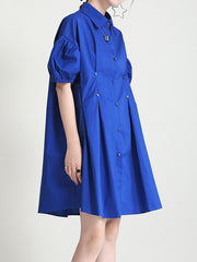 Solid Color Slim Buttoned Short Sleeve Puff Sleeve Dress