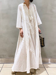 V-neck Solid Color Hollow Loose Casual Dress