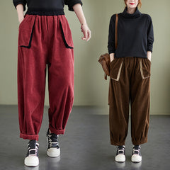 Retro Solid Color Corduroy Pants With Big Pocket