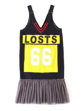 Lettered Print Splicing Mesh Jean V-Neck Suspender Dress