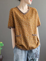 Vintage Floral Loose V-Neck T-Shirt