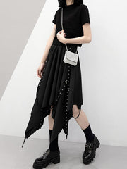 Punk Irregularity Tasseled Rivet Solid Chiffon Skirt