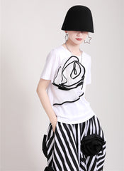 Women Round Neck Color Matching Three Dimensional Printing Casual T-Shirt