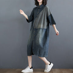 Retro Patch Mid-Length Denim Dress