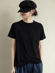 Loose Solid Pleated Casual Round Neck T-Shirt