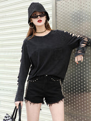 Women Solid Color Tassel Hollow Personality T-Shirt