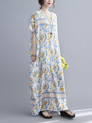 Loose V-Neck Bohemian Print Casual Dress