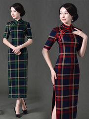 Vintage Plaid Split-Side Long Cheongsams
