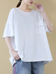 Loose Solid Casual Cropped Round Neck T-Shirt