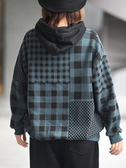 Women Retro Casual Loose Plaid Hooded Sweatshirt