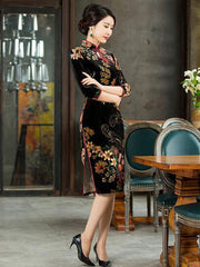 Velvet Flower Print Half Sleeves Long Cheongsam