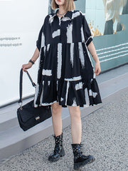 Roomy Short Sleeves Contrast Color Falbala Polo Midi Dresses