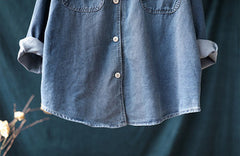 Vintage Button-Down Denim Stand-Up Collar Shirt
