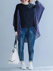 Loose Striped False-two Batwing Sweatshirt