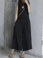 Pure Color Loose Comfortable Lace up Cotton Jumpsuit