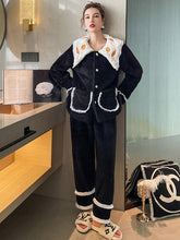 Casual Coral Fleece Jacquard Long Sleeve Lapel Collar Cardigan Top & Pants Pajamas Set