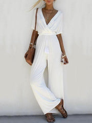 Solid Color V-neck Wide Leg Jumpsuits Bottoms