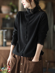 Lace Split-Joint Solid Long Sleeves T-Shirt