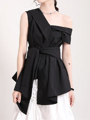 Women Lace Up Big Bow Irregular Slanted Shoulder Shirt