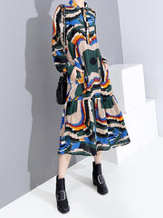 Bandage Printed Lapel Midi Dress