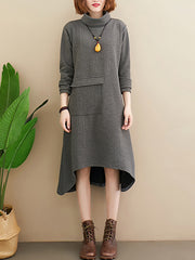 Retro Solid Color Irregular High Collar Midi Dress