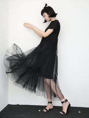 Black Asymmetric Splicing Mesh False Two Dress