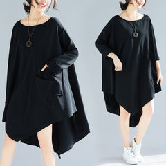 Round Neck Retro Solid Color Irregular Midi Dress