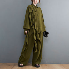 Two-Piece Solid Color Shirt And Wide-Leg Pants Casual Suit
