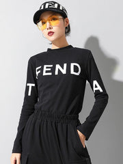 Letter Print Velet Round Neck Shirt