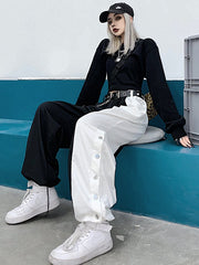 Contrasting Single Breasted High Waisted Wide Leg Casual Pants