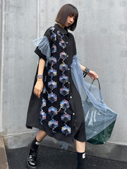 Shirt Stitching Net Gauze Platycodon Print Midi Dress