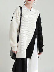 Simple Loose Color-Block Zipper Knitted Sweater