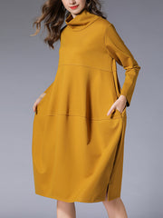 High Neck Pocket Slit Midi Dress