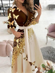 V-Neck Printed High Waisted Maxi Dress