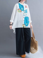 Printed Long Sleeves Loose Stand Collae Blouse