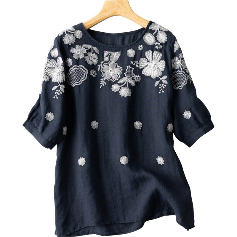 Embroidered Loose Round Neck Short Sleeve T-Shirt Top