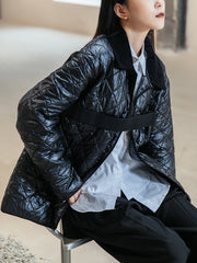 Simple Black Loose Solid Color Plaid Cotton Outwear