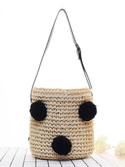 Cherry FurBall Pendant Straw Weaving Tote Bag