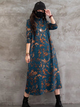 Vintage Printed Stand Collar Midi Dress