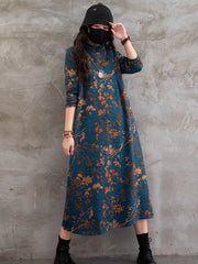 Vintage Printed Stand Collar Midi Dress