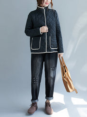 Women Stand Collar Contrast Stitching Casual Jacket