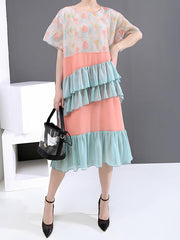 Loose Contrast Color Falbala Round Neck Dress