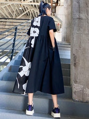Women Round Neck Contrast Printing Retro Casual Dress