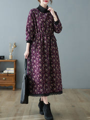 Patchwork Collar Floral Lace-Up Long Midi Dress