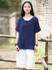 Red&Blue Chinoiserie Frog Round-neck Ramie Cotton T-shirt