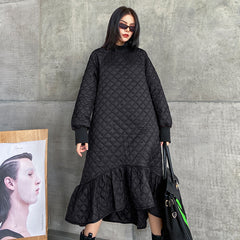 Casual Ruffled Solid Color Plaid Midi Dress